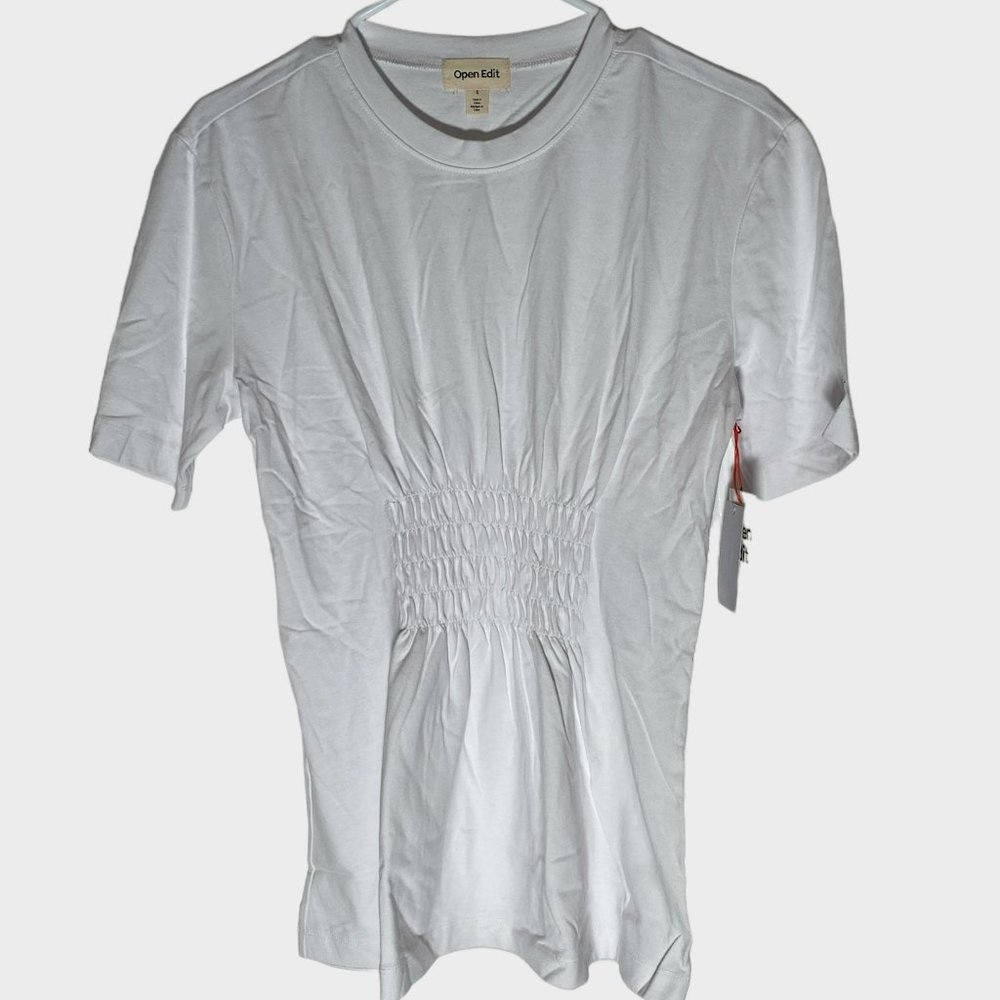 Open Edit Smocked White Tshirt Size S NWT
